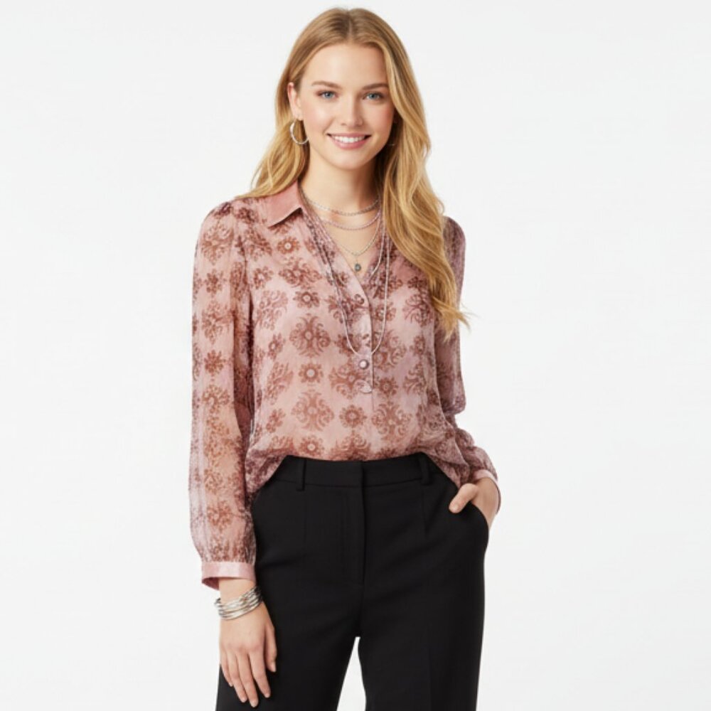 Jessie Della Femina Pink Print Sheer Silk Embellished Long Sleeve Blouse S